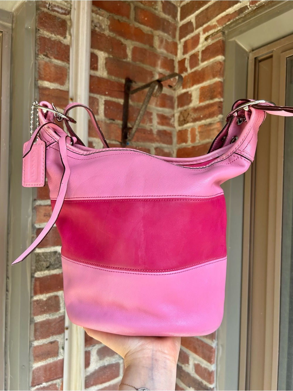 Vintage coach rugby duffel sac style F13357 pink striped leather y2k retro purse - Picture 4 of 14